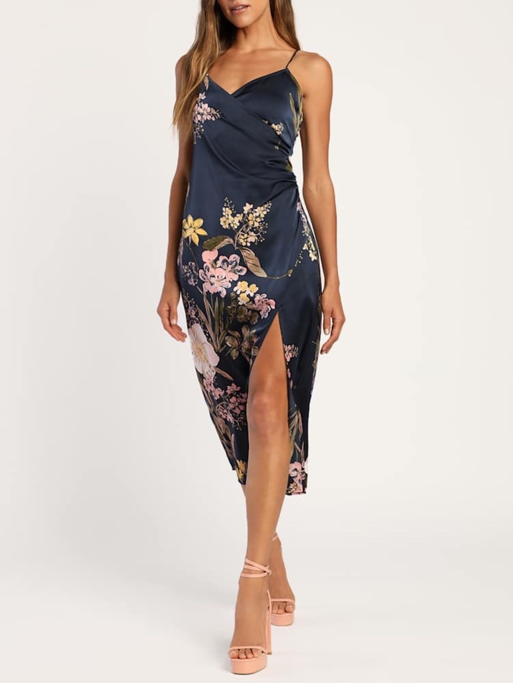 Lulus Remarkable Entrance Navy Blue Floral Print Satin Midi Dress